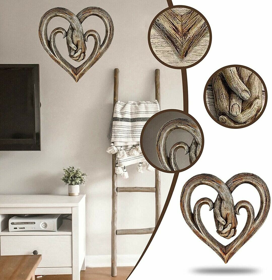 7.87 x 7.87 Heart Wall Decor Art Sculpture for Home Gallery Living Room Bedroom Heart Shaped Holding Hands Wall Decor Resin Imitation Wood Finish