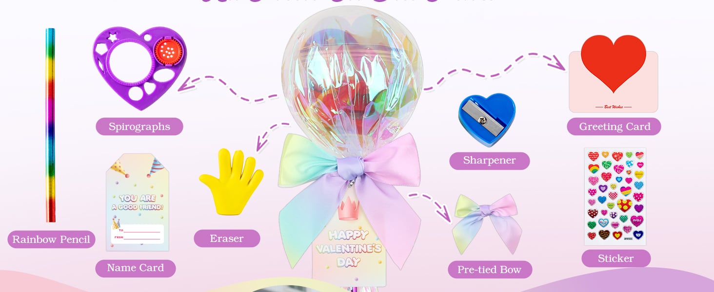 Each stationery gift set includes a rainbow pencil, heart Spirographs, sharpener, stickers, eraser. Each stationery gift set includes a rainbow pencil, heart Spirographs, sharpener, stickers, eraser.