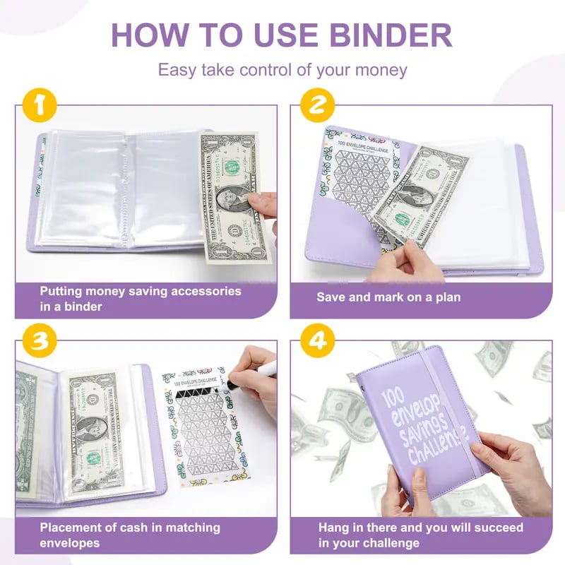 Product Introduction of 100 Days Money Saving Challenge Coin Envelope BudgetStorage Book - Binding Covers With Daily Savings Tracker,Habit-Forming System, And Cash Savings Goal Of $5050Develop A Consistent Savings Habit 1