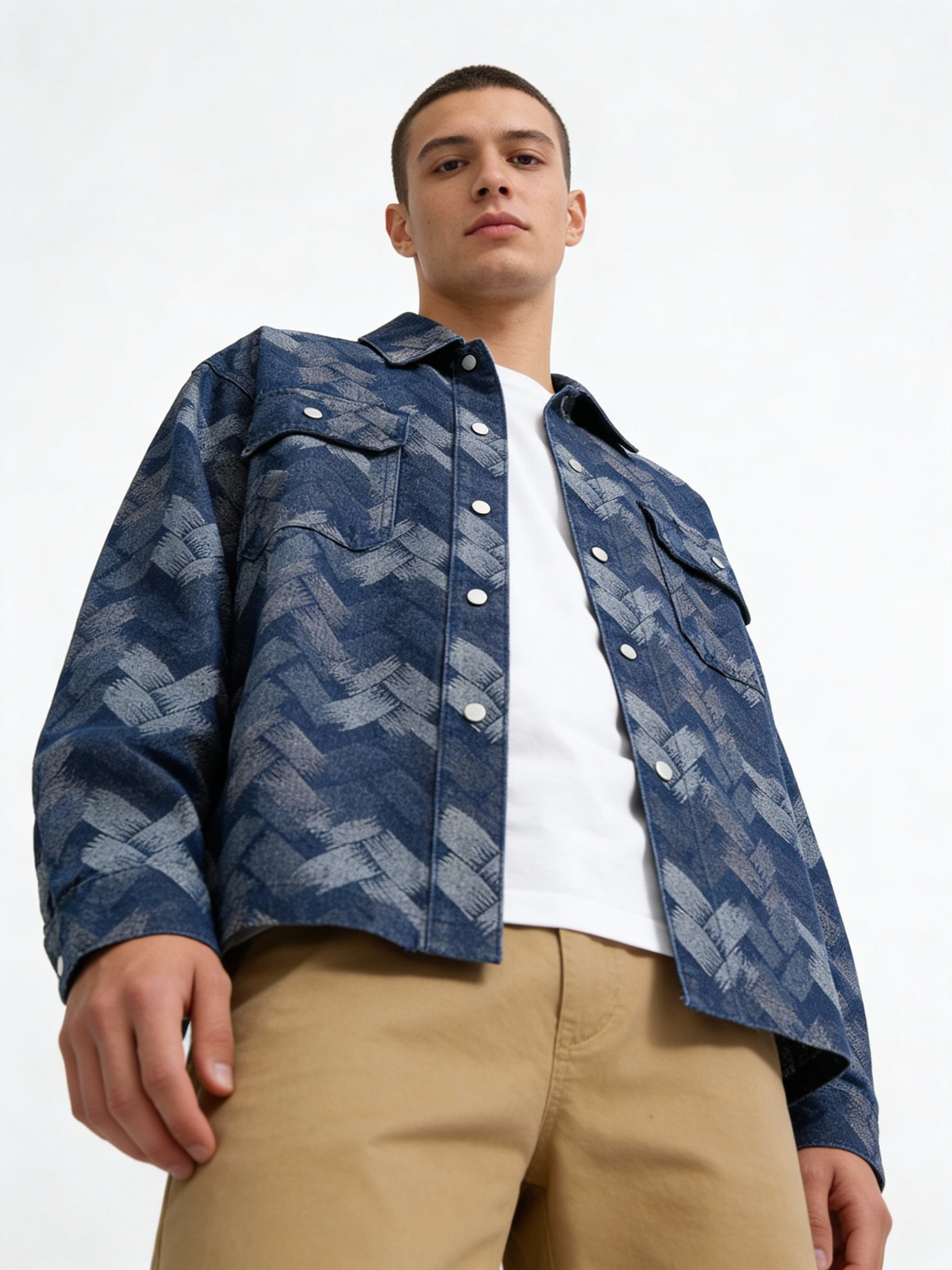 Men's Premium Jacquard Denim Jacket - Loose Fit, Plus Size Plaid Lapel