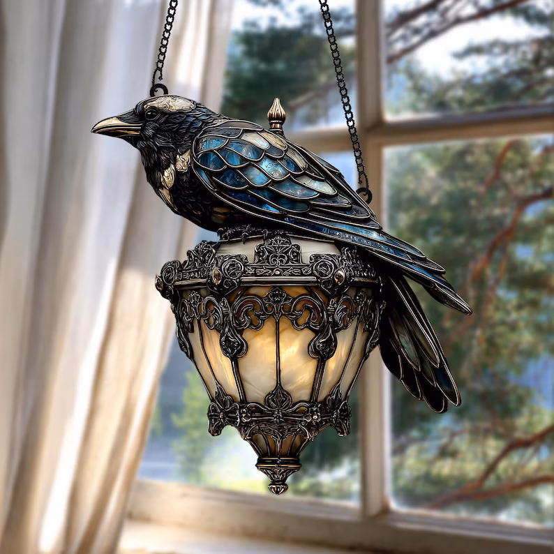 🐦‍⬛Exquisite Black Crow Lantern  Decorative  Suncatcher – Faux Stained Glass Halloween Crow