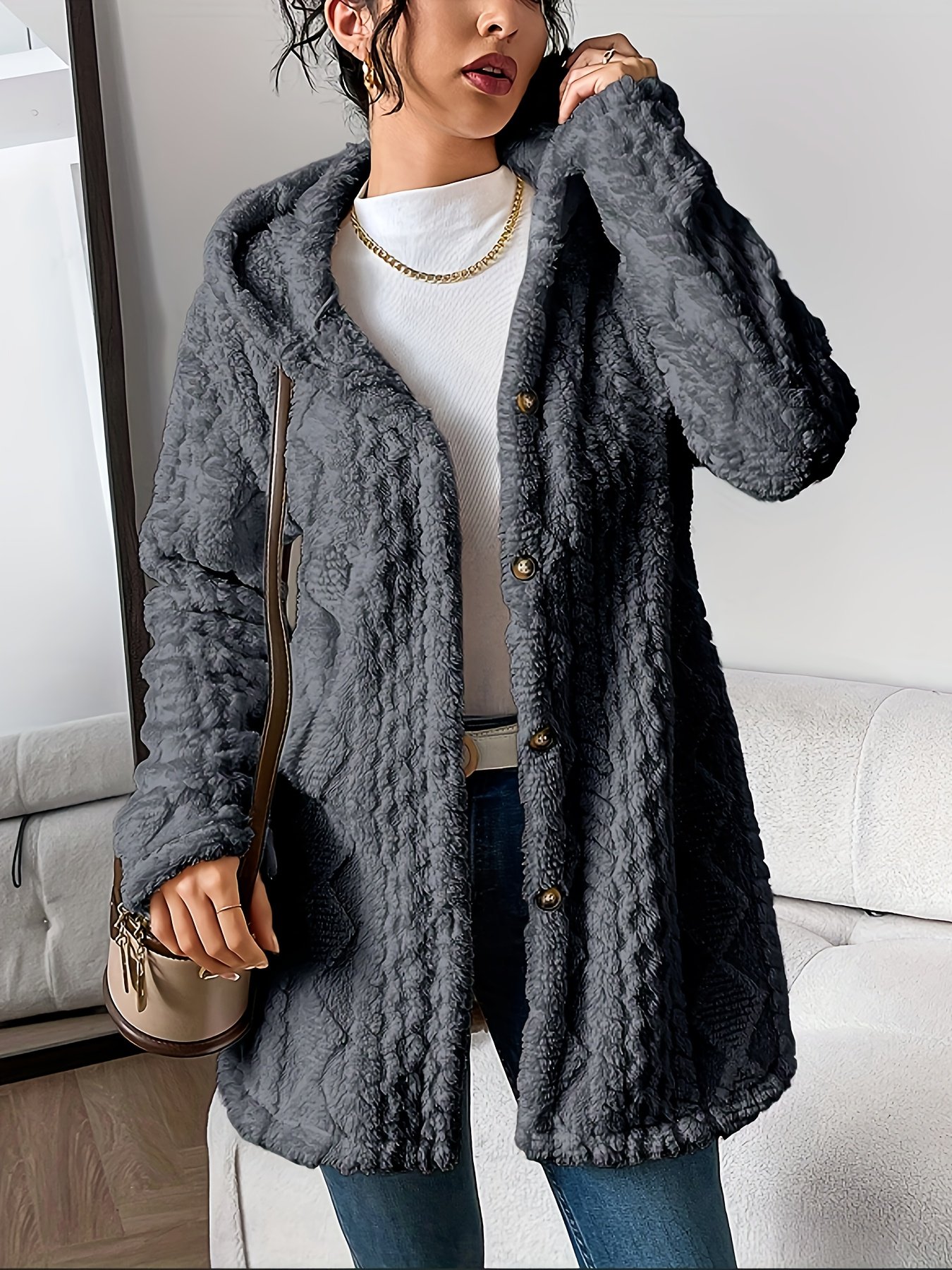 🎉New Arrival-49% Off💛Womens Fuzzy Fleece Button Down Jacket Hooded Open Front Cardigan Sweater