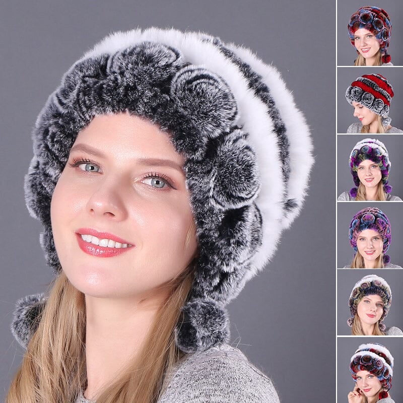 Warm Flowers Striped Rabbit Fur Hats