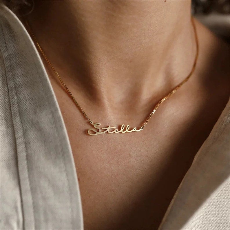 Custom Name Necklaces for Women Personalised Cursive Font Stainless steel Box Chain Gold Choker Necklace Nameplate Jewelry Gift image 4