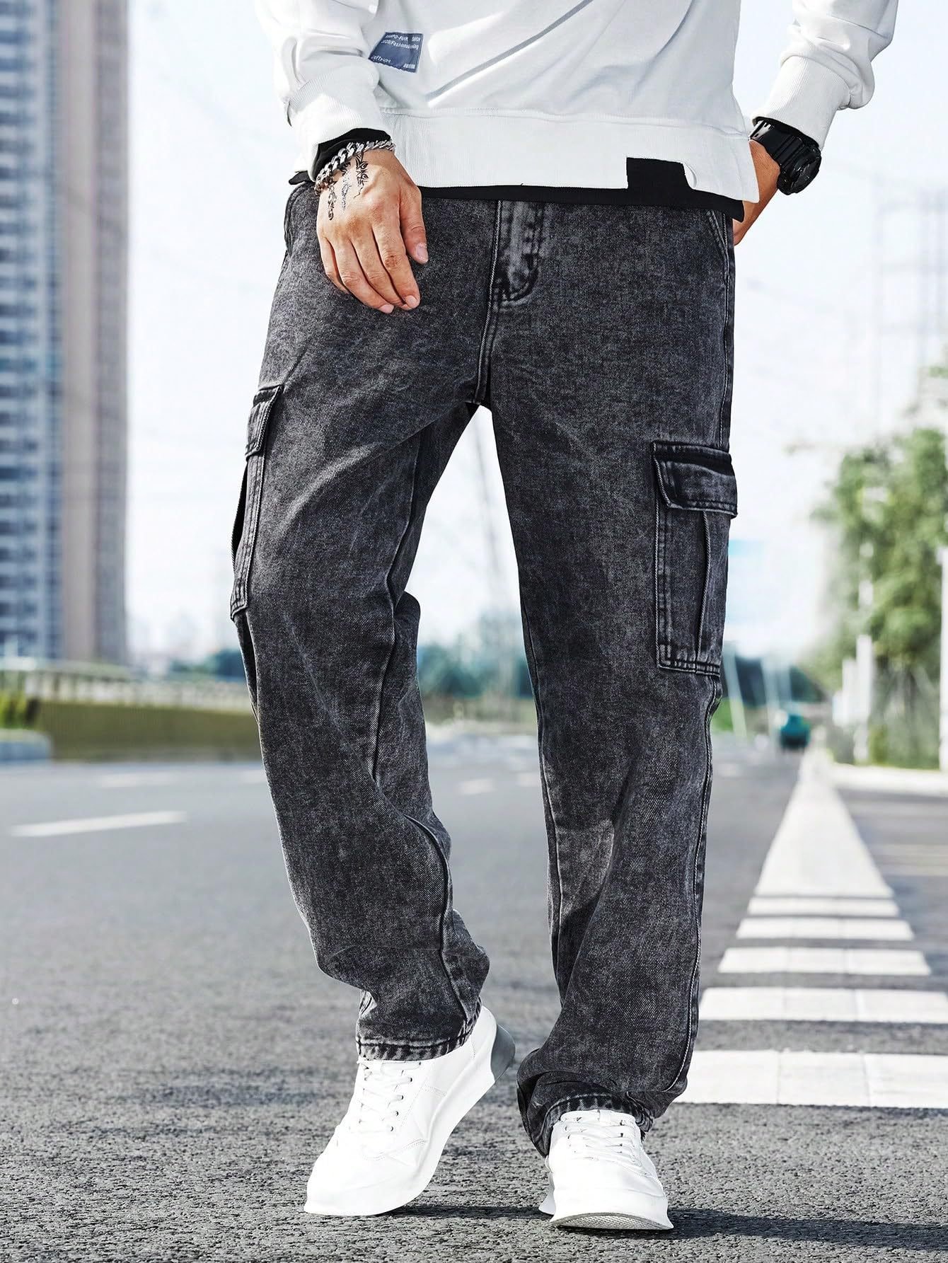 Men's Loose Fit Cargo Jeans - Baggy Multi-Pocket Casual Denim Pants - Trendy Streetwear Hip Hop Style Trousers