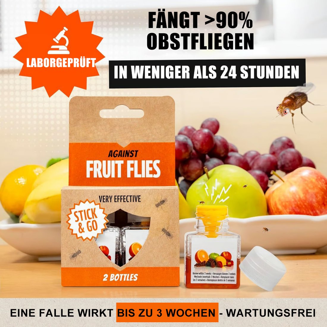 [2 KAUFEN, 1 GRATIS BEKOMMEN]🔥Ultrastarke Fruchtfliegenfalle – benutzerfreundlich (Bis zu 3 Wochen pro Flasche)