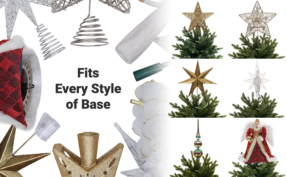 The Universal Tree topper holder showing its various attachments and the types of toppers it holds The Universal Tree topper holder showing its various attachments and the types of toppers it holds