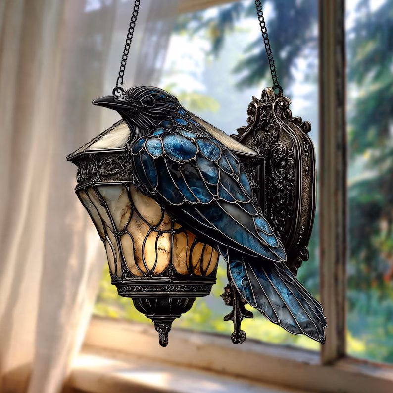 🐦‍⬛Exquisite Black Crow Lantern  Decorative  Suncatcher – Faux Stained Glass Halloween Crow