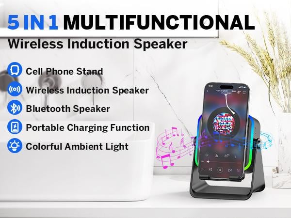 Wireless Induction Audio Speaker Stand, 5in1 Cellphone Holder, 3500mAh Rechargeable Emergency Power Bank,360° Adjustable Mobile Tablet Stand with Colorful Ambient Light Gifts for Men Women Wireless Induction Audio Speaker Stand, 5in1 Cellphone Holder, 3500mAh Rechargeable Emergency Power Bank,360° Adjustable Mobile Tablet Stand with Colorful Ambient Light Gifts for Men Women