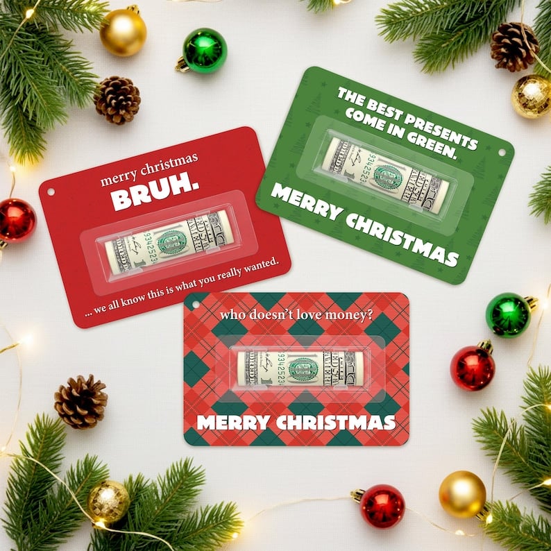 Custom Christmas Money Holder, Funny Cash Gift for Friend, Family, Merry Christmas Bruh Money Card, Set 3 Money Stocking Stuffer image 1