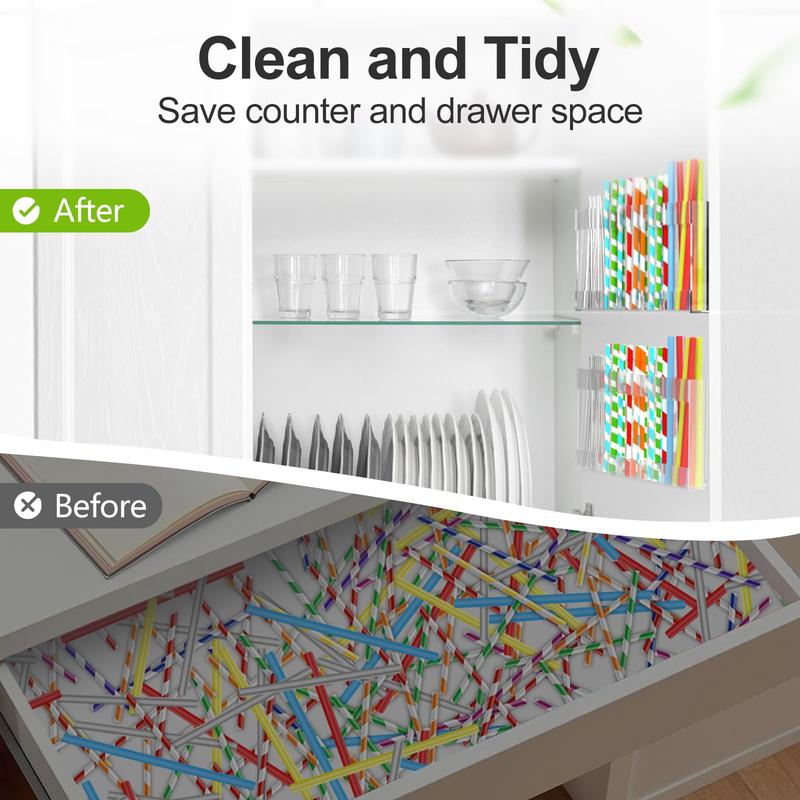 Straw Holder for Cabinet Door, 9.8” Adjustable Two-Part Large Acrylic Straws Organizer with Ultra Sticky Adhesive Strips, 2025 Reusable Utensil Storage for Kitchen Cupboard(Transparent)