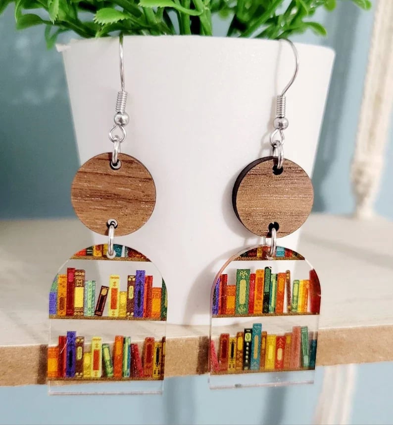 Book earrings Wood and acrylic book shelf earrings  Earrings image 1