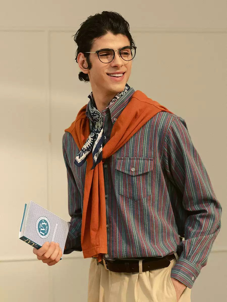 👉 Men’s Retro Seersucker Striped Button-Down Shirt, Non-Iron Long Sleeve Casual Shirt