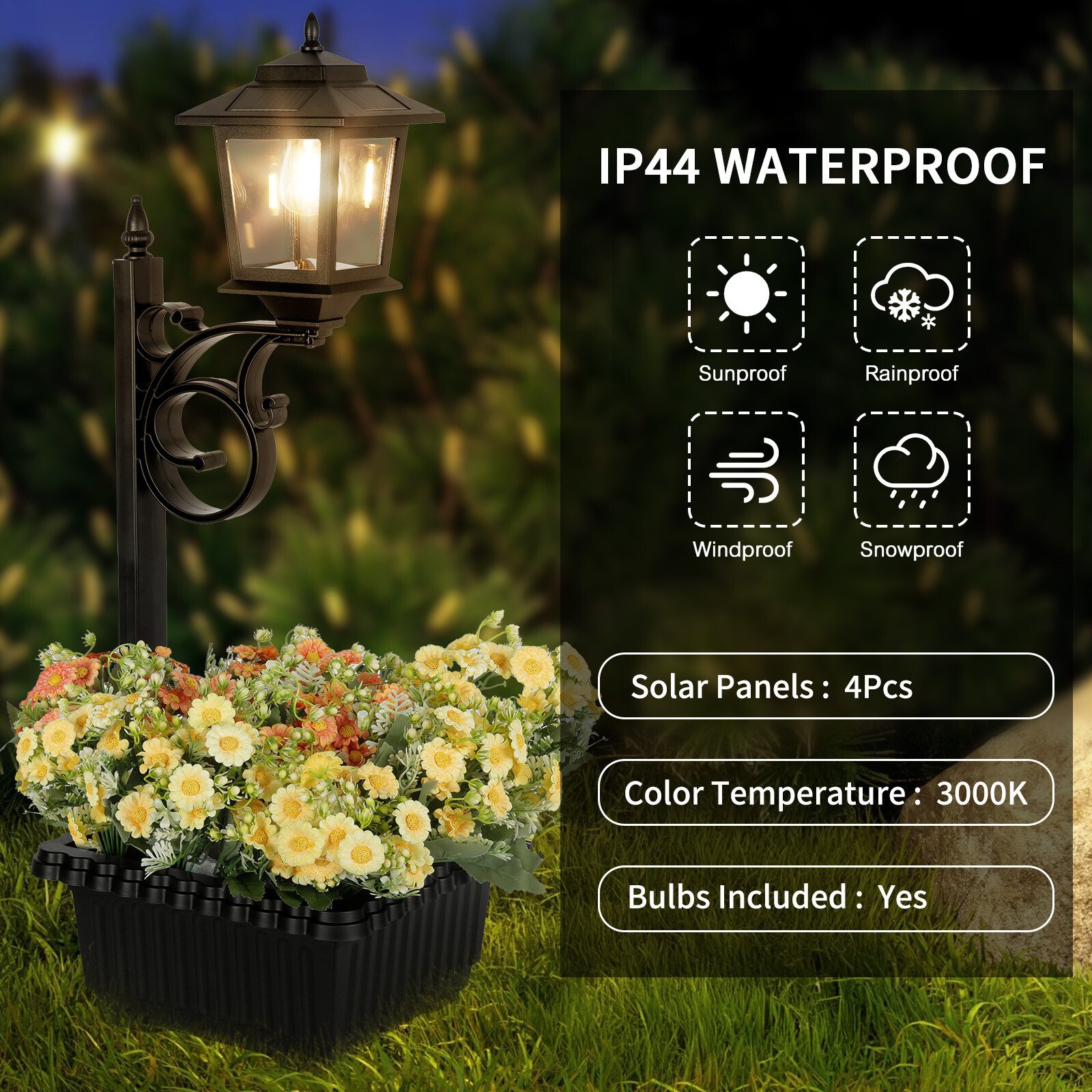 Waterproof Solar Lamp Post Light with Planter Outdoor Solar Pole Light Outside for Porch Yard Driveway Garden Patio Decor Warm White
