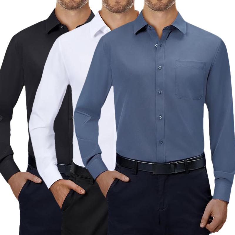 3-Pack Men’s Dress Shirts 👔 Solid Long Sleeve Button Down Shirts with Chest Pocket & 4-Way Stretch, Casual & Formal Wear