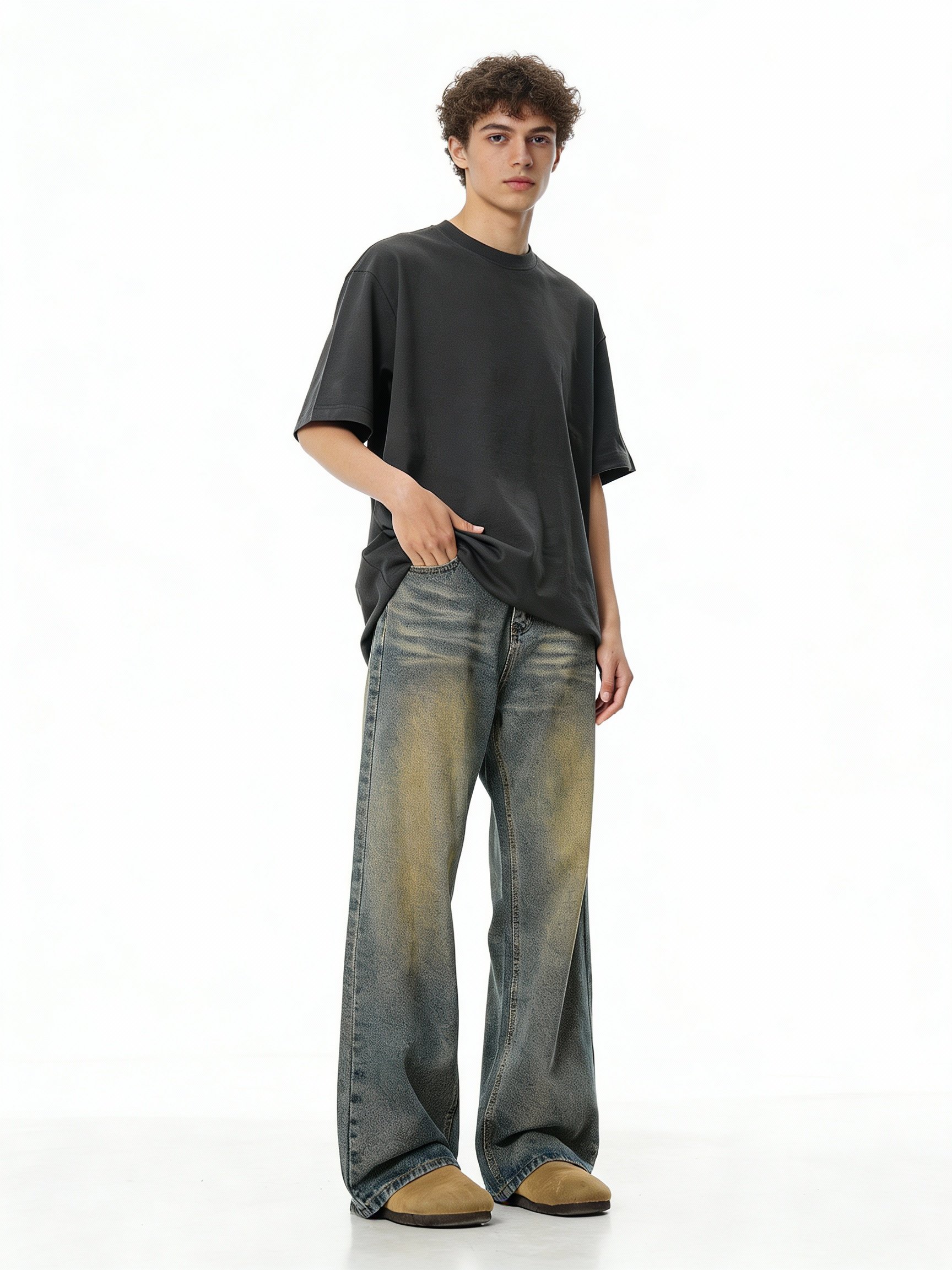 Men's Vintage Washed Wide Leg Jeans: Loose Fit, Zipper Fly Denim for Casual Streetwear & Daily Wear