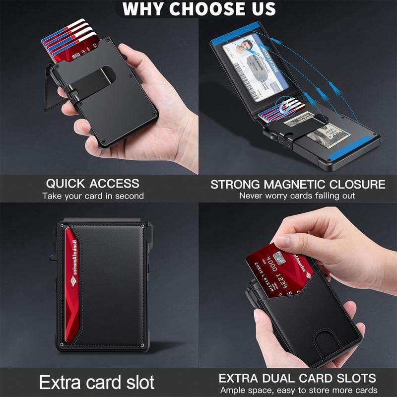 Minimalist Men’s Slim Wallet: 9 - 13 Cards, Money Clip, ID Window. RFID - Blocking, Aluminum Bifold Pop - Up Removable Cardholder