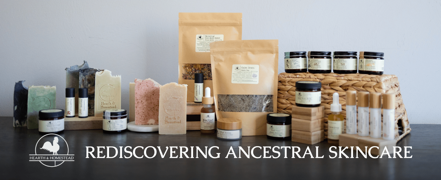hearth and homestead logo with the tagline &#34;rediscover ancestral skincare&#34;