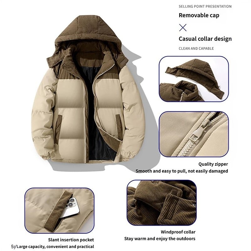 Men's Winter Hooded Fleece Lined Coat - Warm Color-Blocked Cotton Jacket with Removable Hood---£5 off when you spend £50！