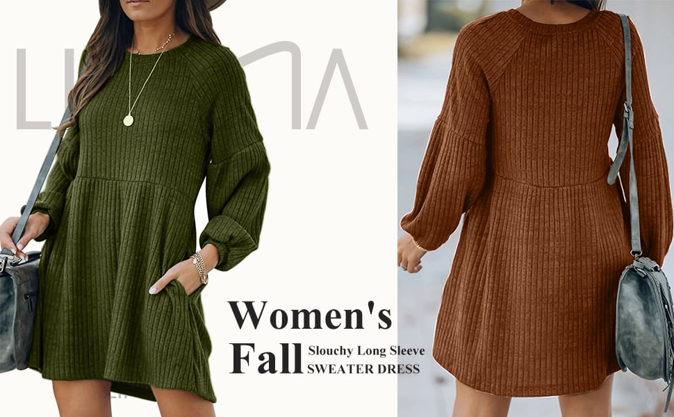 Woman's Long Sleeve Crew Neck Ribbed Knit High Waist Sweater Dress