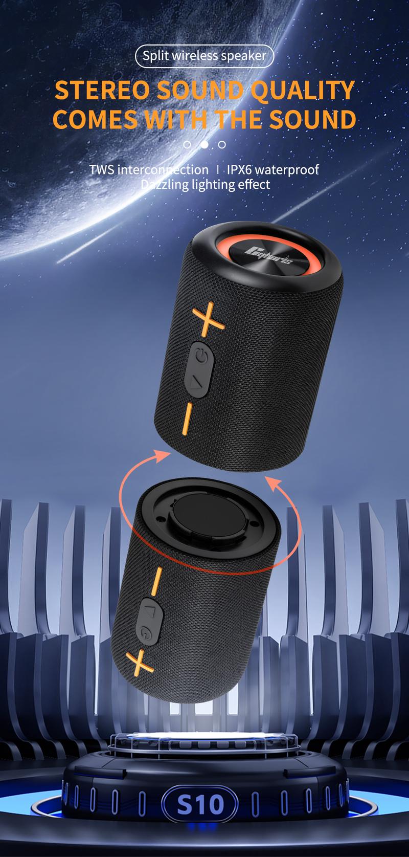 Product Introduction of Mother's Day Gift Cyboris springtok S10 2 in 1 Portable Split Bluetooth speaker Portable subwoofer, 20W High Volume Stereo, IPX6 Waterproof, Smartphone Audio Cyber Black 1