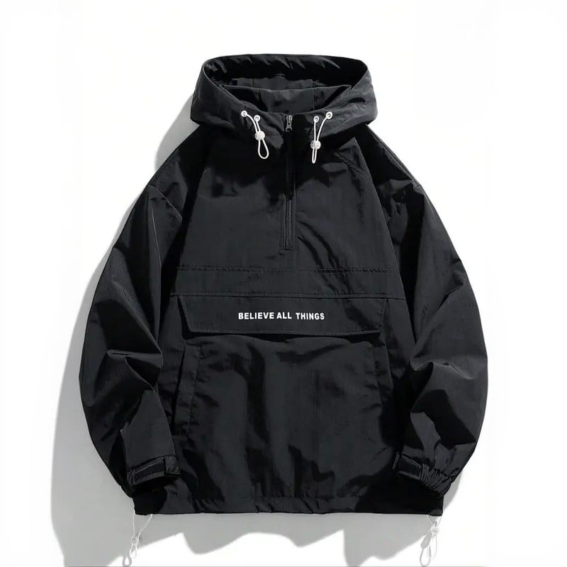 Men's Half Zip Letter Print Hooded Jacket ✨ Casual Pocket Outerwear for Fall & Winter 🍂❄️