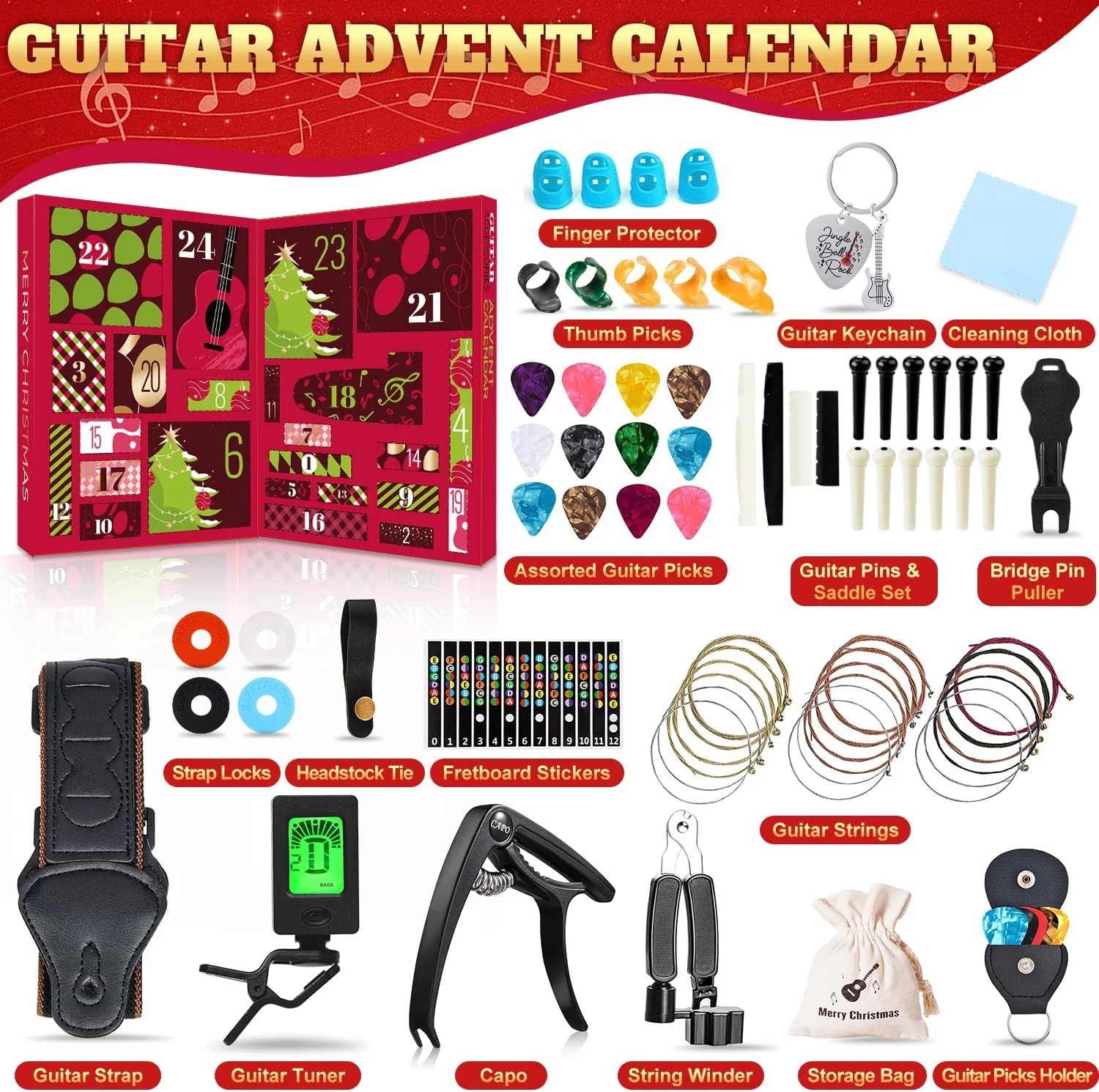 🎸Guitar Advent Calendar 2025 ,  with Gutiar Picks Capo, Tuner, Strings & Accessories 🎶