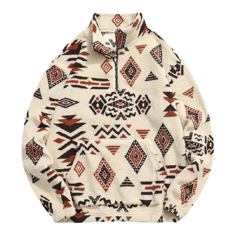 Unisex Ethnic Pattern Plush Zip Sweatshirt 🧥❄️ | Winter Warm Fleece Pullover with Pocket