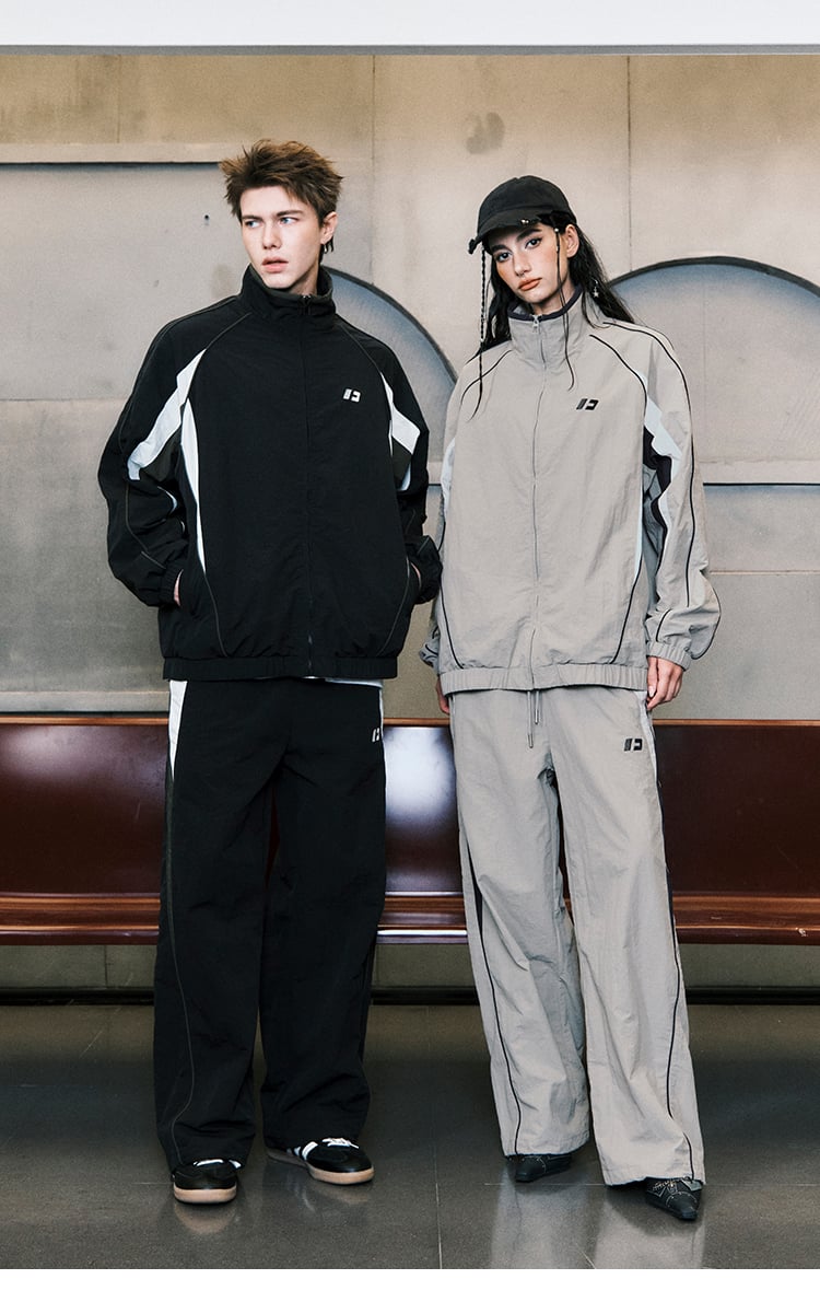 Unisex Color Block Track Jacket – Vintage American Style Stand Collar Sportswear, Couple’s Spring Autumn Outerwear