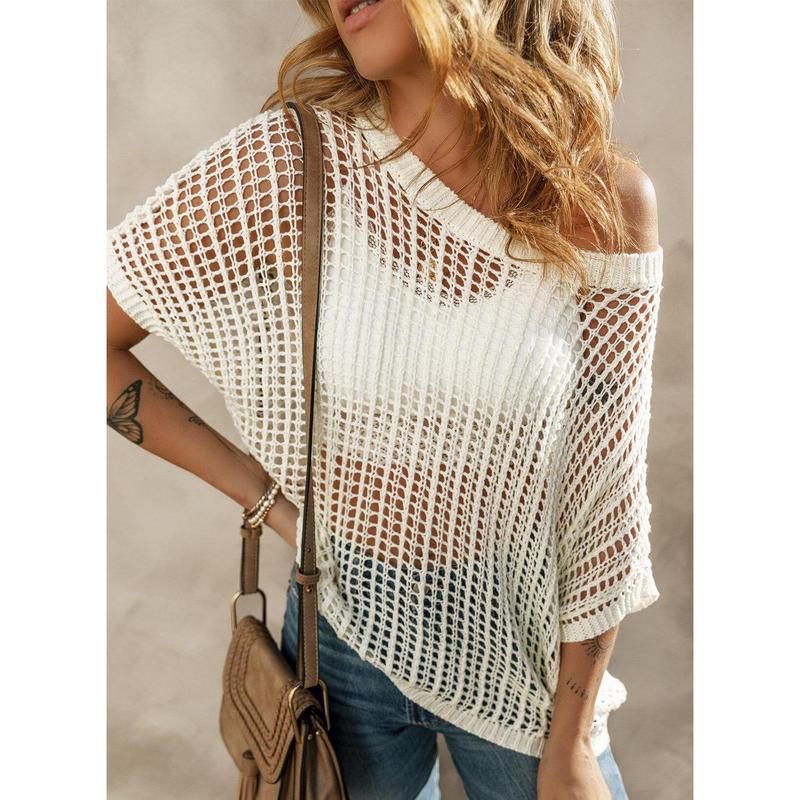Heißer Verkauf  49％ AUS 🎁 Damen Sommer Rundhalsausschnitt Kurzarm Pullover lässig häkeln hohl aus KnitTops