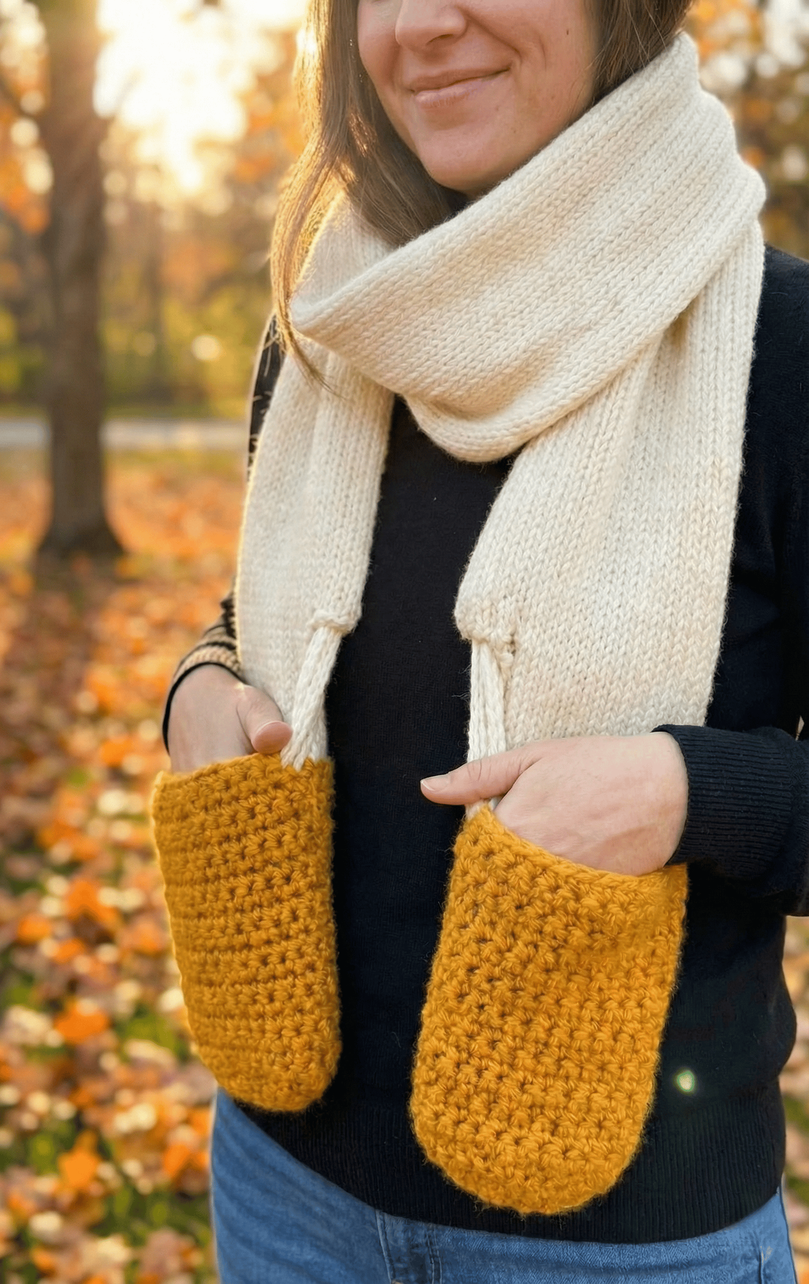 Woman wearing mozzarella stick scarf with pockets