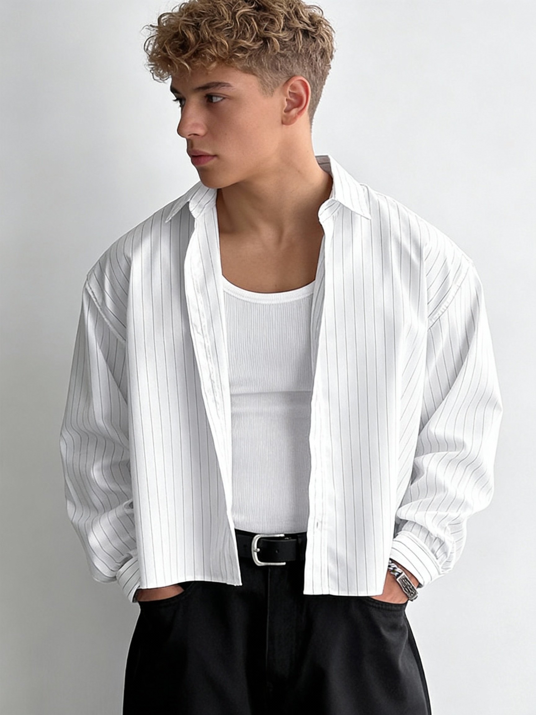 Men's Minimalist Striped Long Sleeve Shirt: Casual Lapel Button-Down Top, All Season Wear