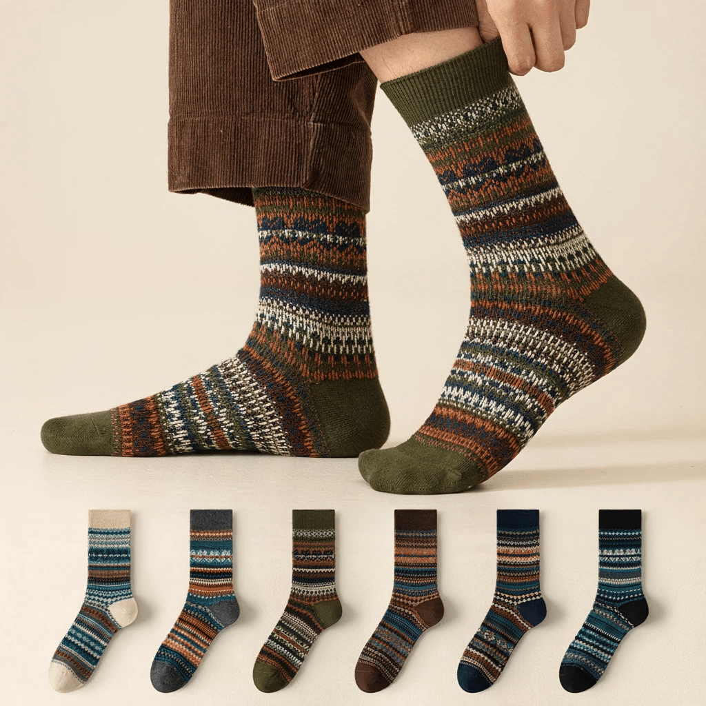 6 Pack 🔥Men's Thick Warm Winter Socks🧦 | Vintage Ethnic Mid-Calf Knit, Breathable Cotton