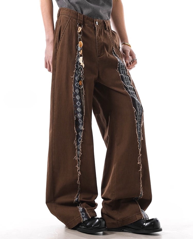 Vintage Patchwork Distressed Wide-Leg Pants – Men’s Retro Streetwear Loose Casual Trousers with Unique Diamond Stitch Design 👖🔥