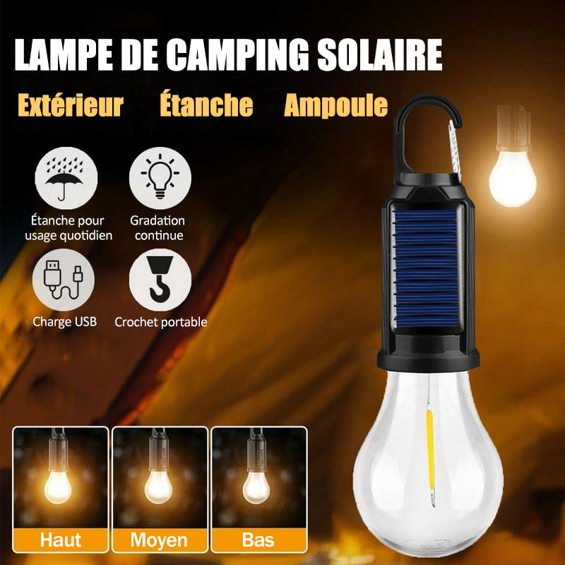 💡Lampe de camping solaire à LED, rechargeable et portable, avec 3 modes d'éclairage, avec crochet pour camping, randonnée et randonnée.