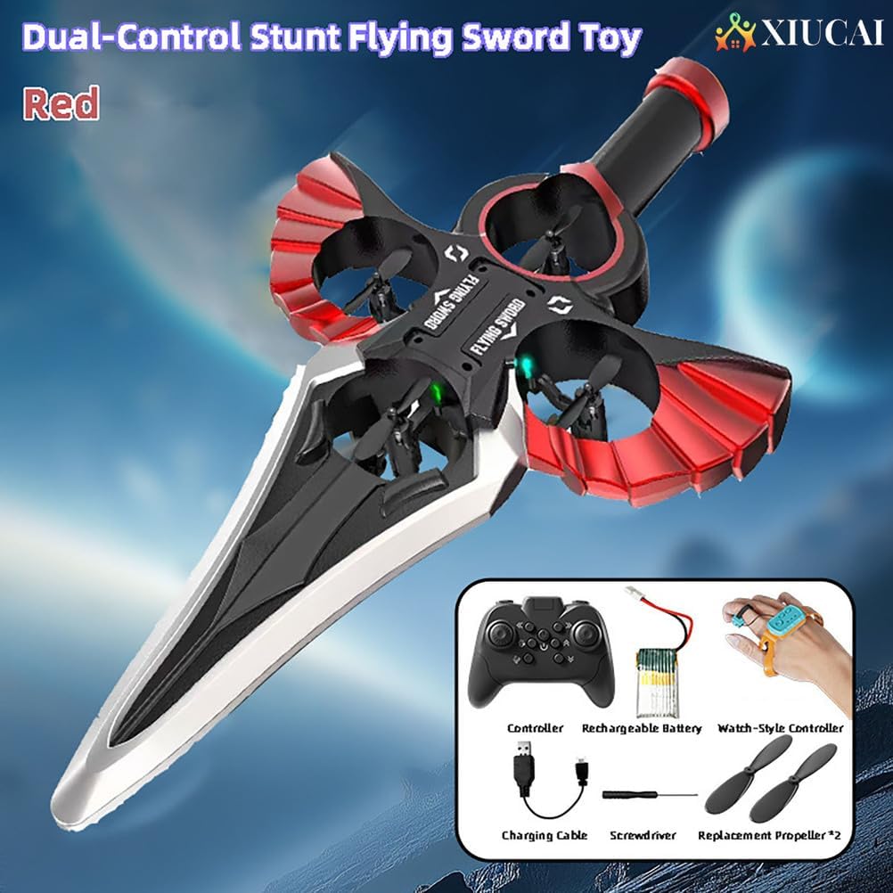 Dual Remote Control Flying Sword Toy, Hand Gesture/Controller Modes, 360° Stunt Flips, LED Lights