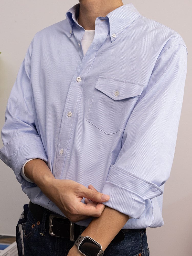 Men’s Blue Striped Button-Down Shirt – Non-Iron Long Sleeve Casual High-Quality Shirt